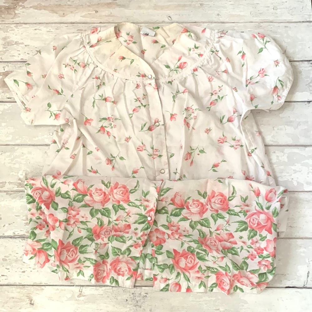 Women’s L/G Kimono Nightgown Sleep Dress Pajamas White Pink Flowers Print Large